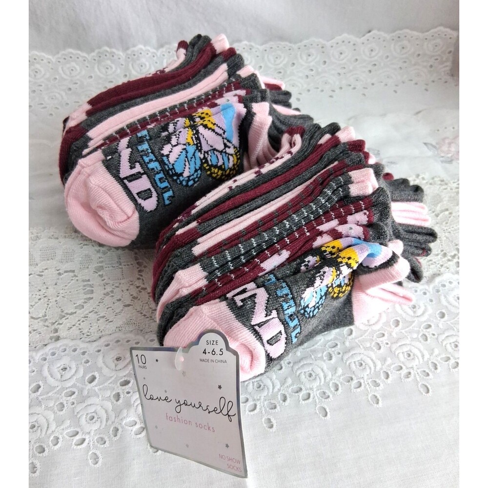 20pr Love Yourself 4-6.5 No Show Socks Girls Butterfly Stripes School Casual